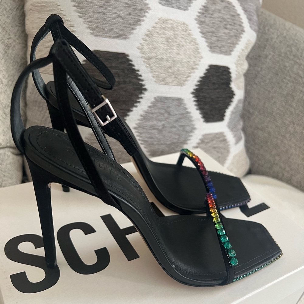 SCHUTZ heels w/colored rhinestones.